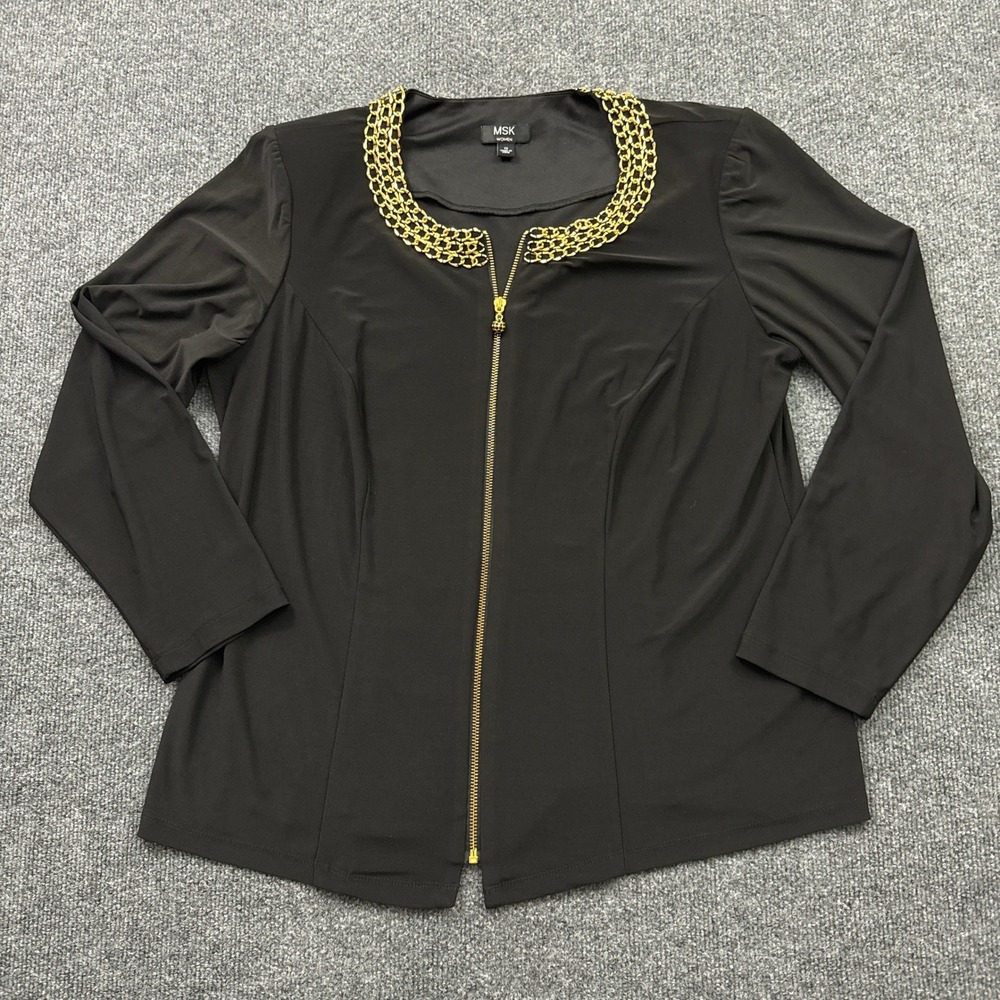MSK Zip Front Top Women 1X Black Gold Chain Collar Stretch Jacket Glam Luxury